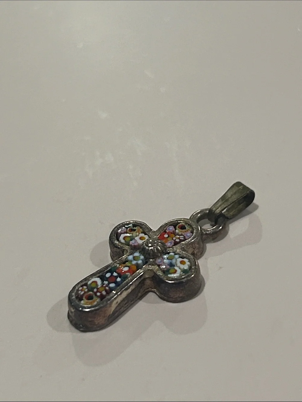 Sterling Silver Floral Millefiori Cross Pendant - Multicolor